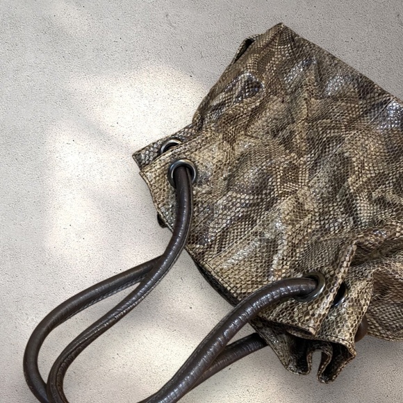 Vtg 90s Authentic Furla Slouchy Brown Python-Embossed Genuine Leather Tote - Picture 2 of 4